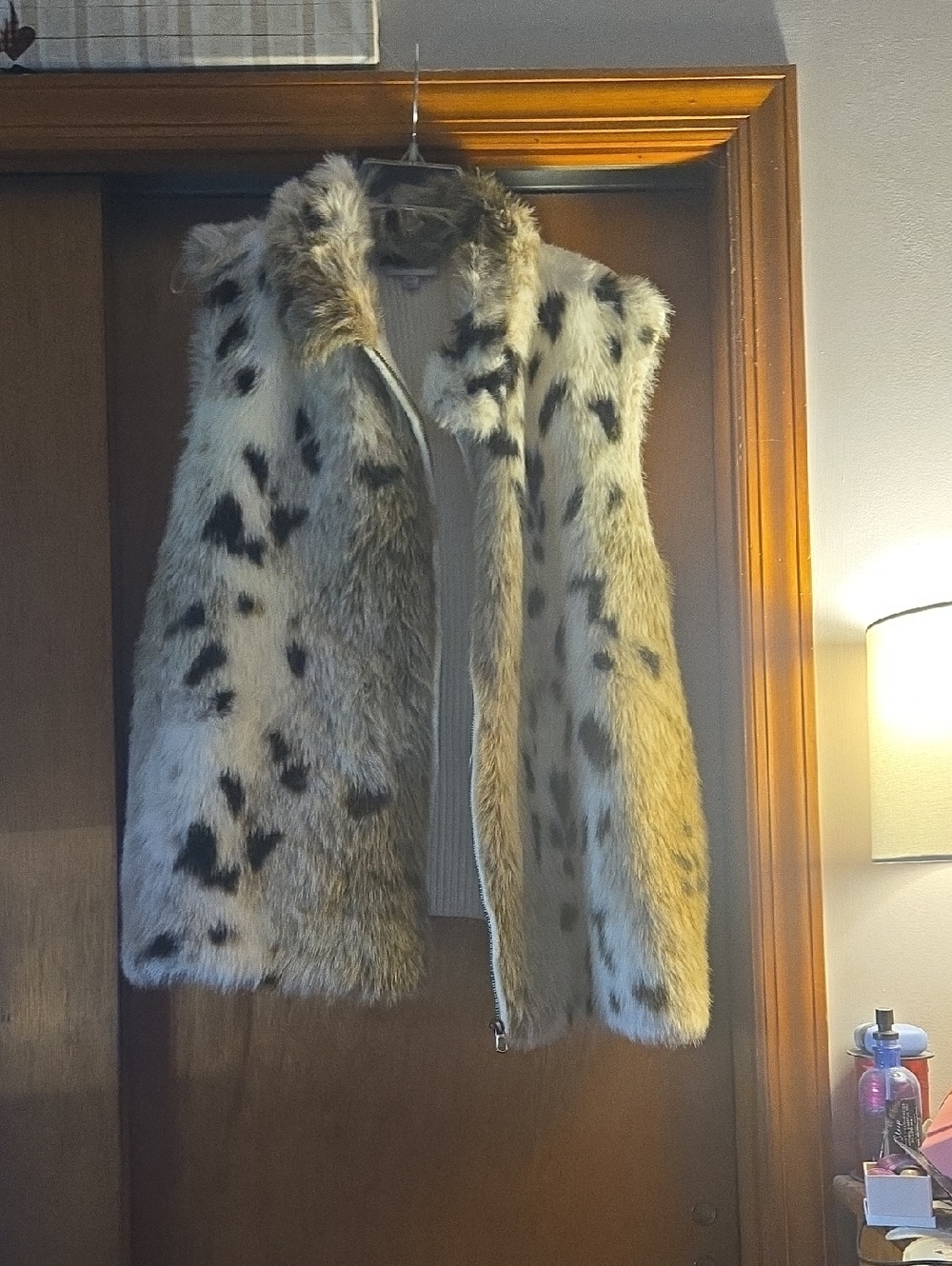 Avenue Faux Fur Vest in Beige with Black Spots